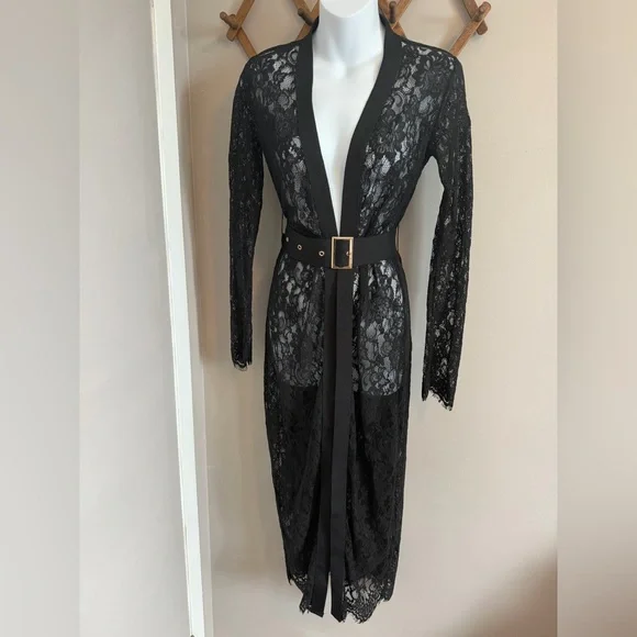 Revamped Black Floral Lace Belted Maxi Cardigan Kimono Size S - Picture 1 of 6
